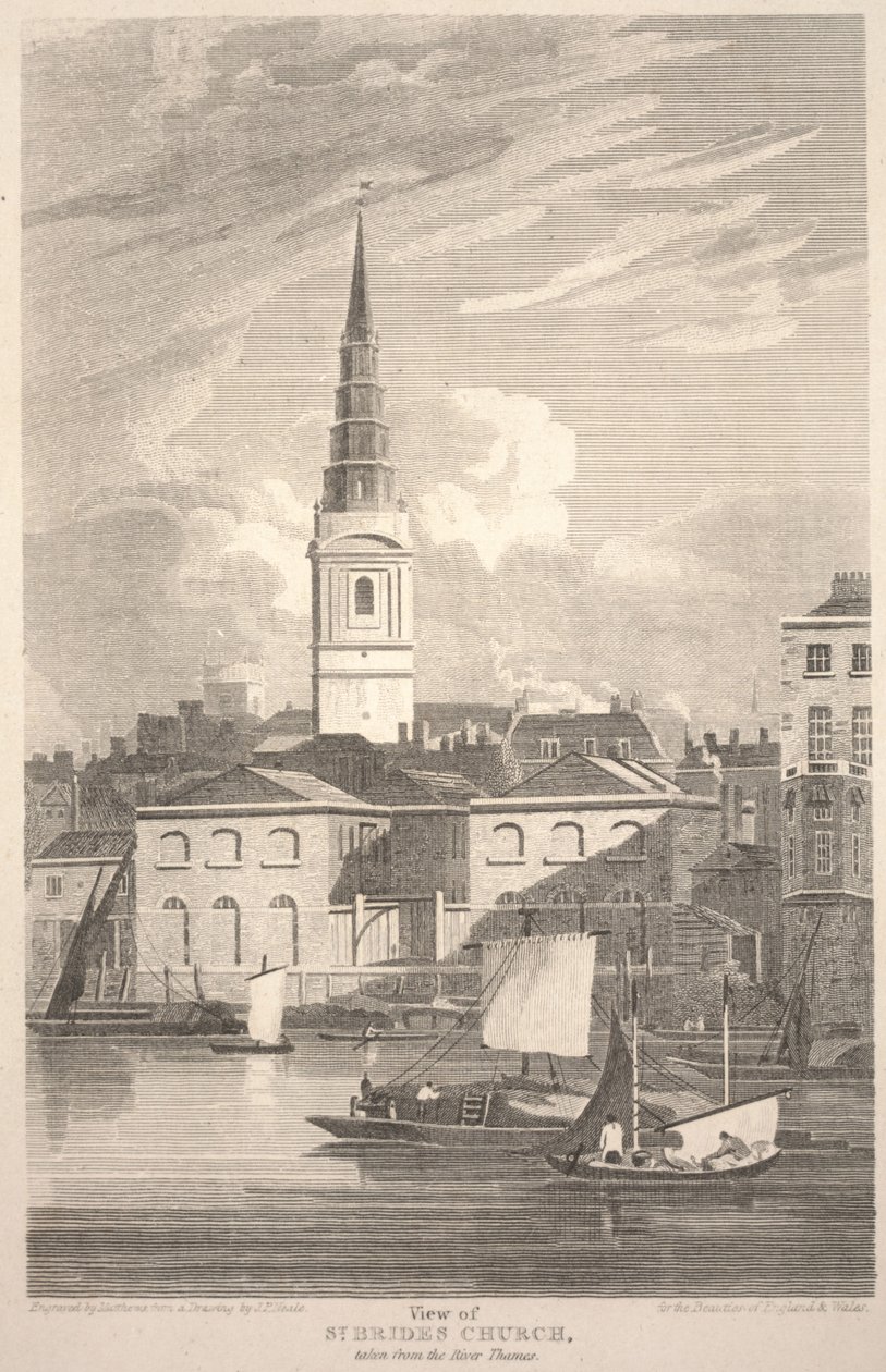 Vista da Igreja de St. Brides, tirada do Rio Tamisa, gravada por Matthews de John Preston Neale