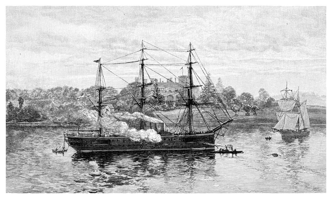 Casa do governo e HMS Nelson, Sydney, Nova Gales do Sul, Austrália, 1886. de J. R. Ashton