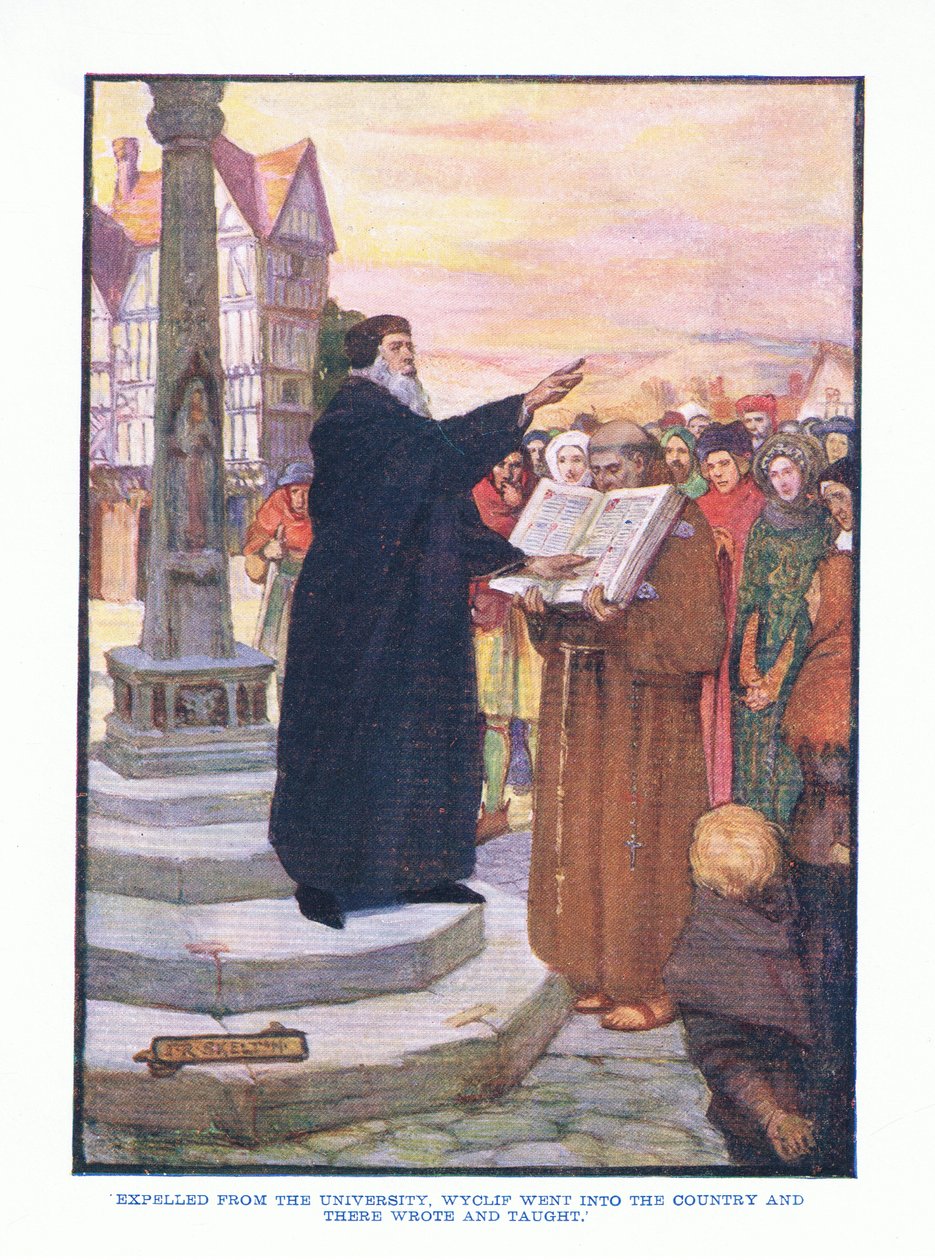 Expulso da universidade, Wyclif foi para o país e lá escreveu e ensinou, da publicação inglesa Literature pub.by TC & EC Jack, c.1920 de J. R. Skelton