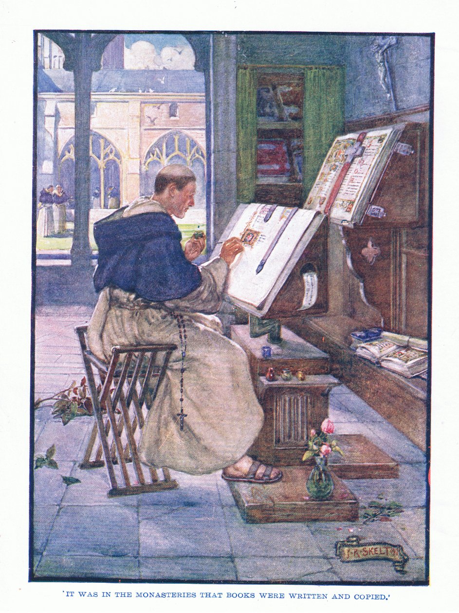 Foi nos mosteiros que os livros foram escritos e copiados, da publicação English Literature pub.by TC & EC Jack, c.1920 de J. R. Skelton