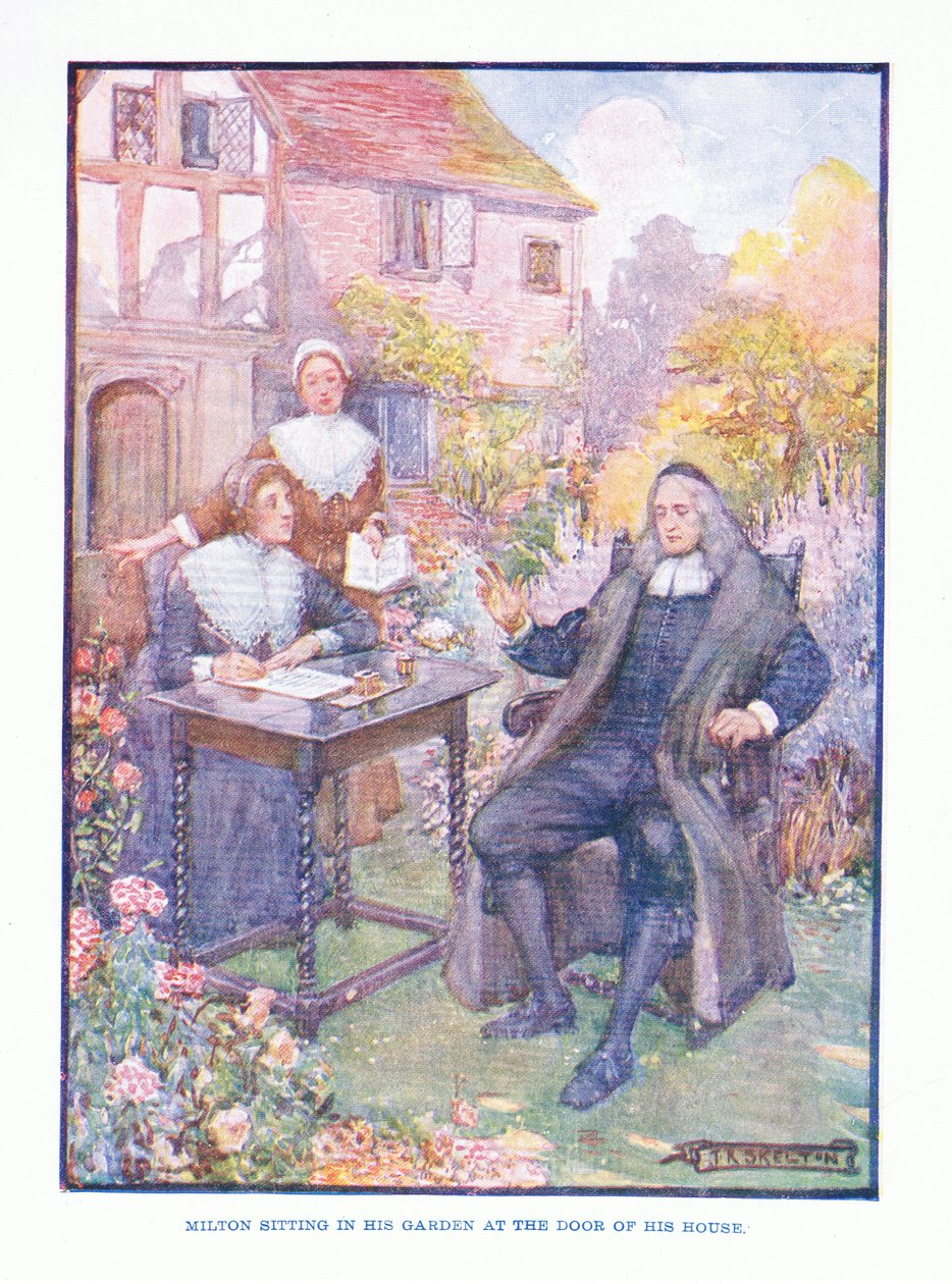 Milton sentado em seu jardim na porta de sua casa, do pub de literatura inglesa.by TC & EC Jack, c.1920 de J. R. Skelton