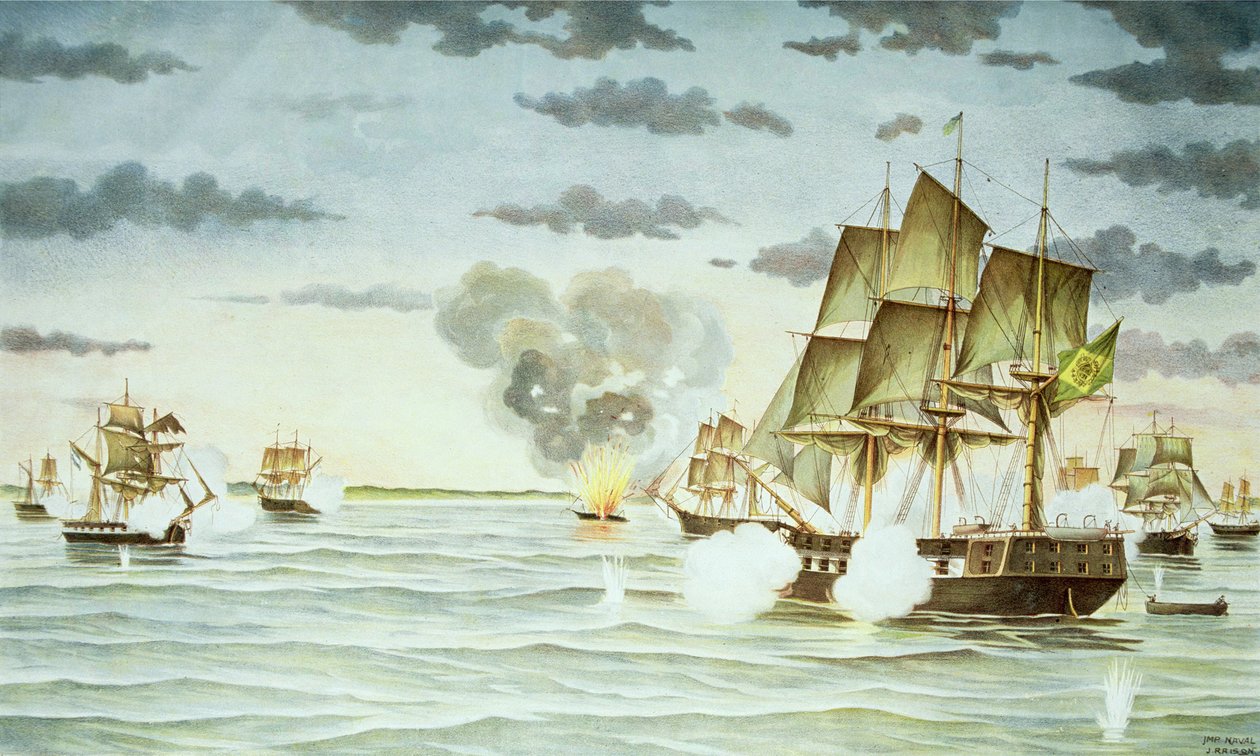 A Batalha de Quilmes durante a Guerra Cisplatina (1825-28) entre o Uruguai e o Brasil (gravura) de J. Raison