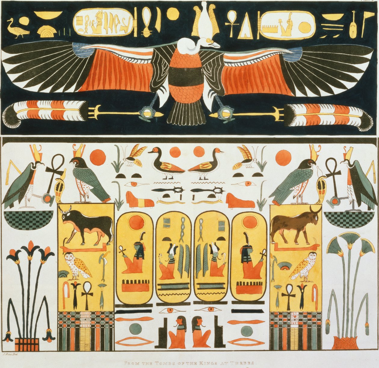 Mural das Tumbas dos Reis de Tebas, descoberto por G. Belzoni, quadro 2 de "Placas Ilustrativas das Pesquisas no Egito e na Núbia", gravado por Charles Hullmandel (1789-1850) 1820-22) (iluminado de J. Ricci