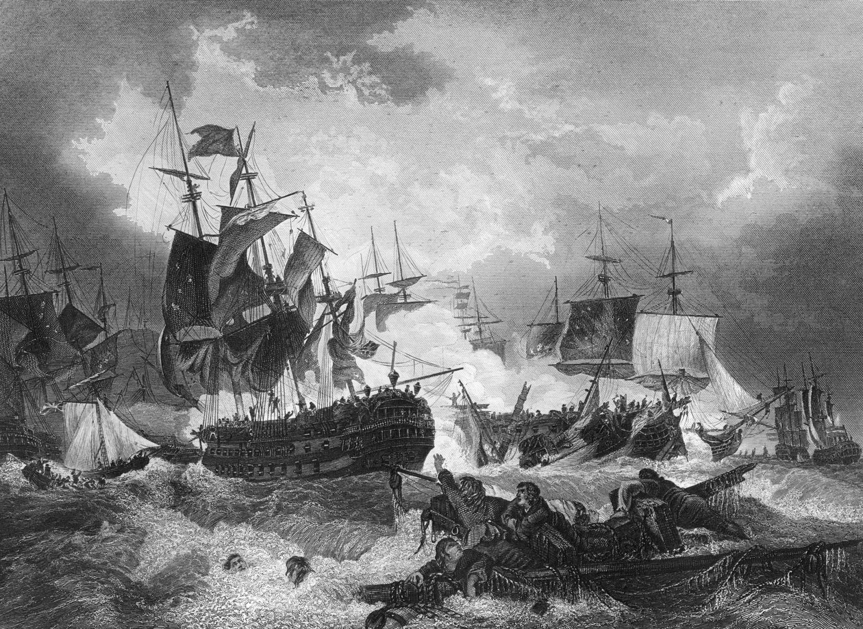 Vitória do almirante Duncans sobre a frota holandesa, Mar do Norte, 11 de outubro de 1797, c1857 de J. Rogers