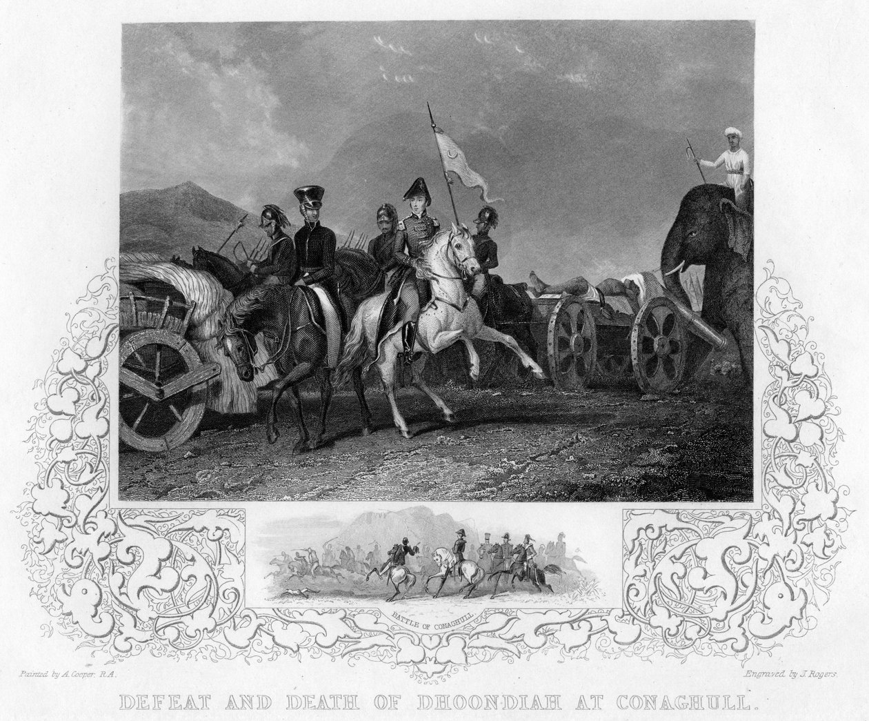 Derrota e morte de Dhoondiah em Conaghull, 1800, início do século XIX. de J. Rogers