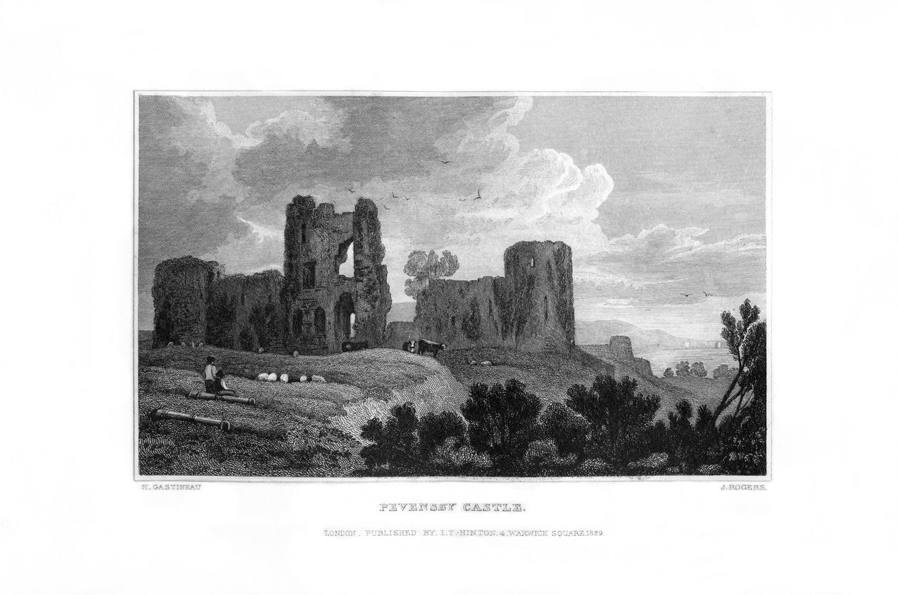 Castelo de Pevensey, Pevensey, Sussex do leste, 1829. de J. Rogers