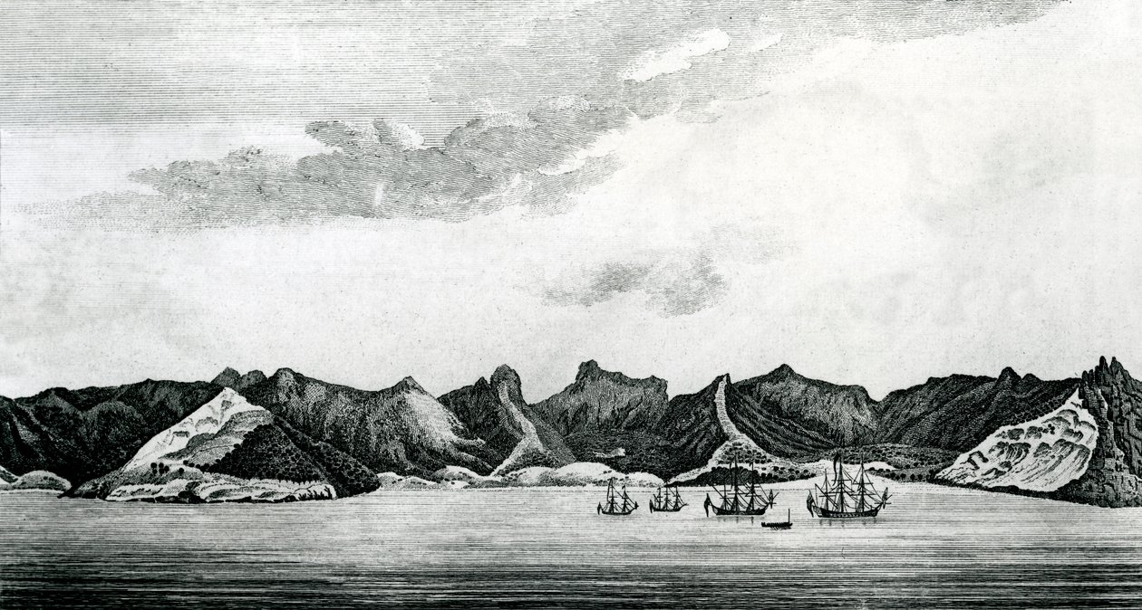 Vista da Baía de Cumberland na ilha de Juan Fernandes, c.1745 (gravura) de J. S. Mason