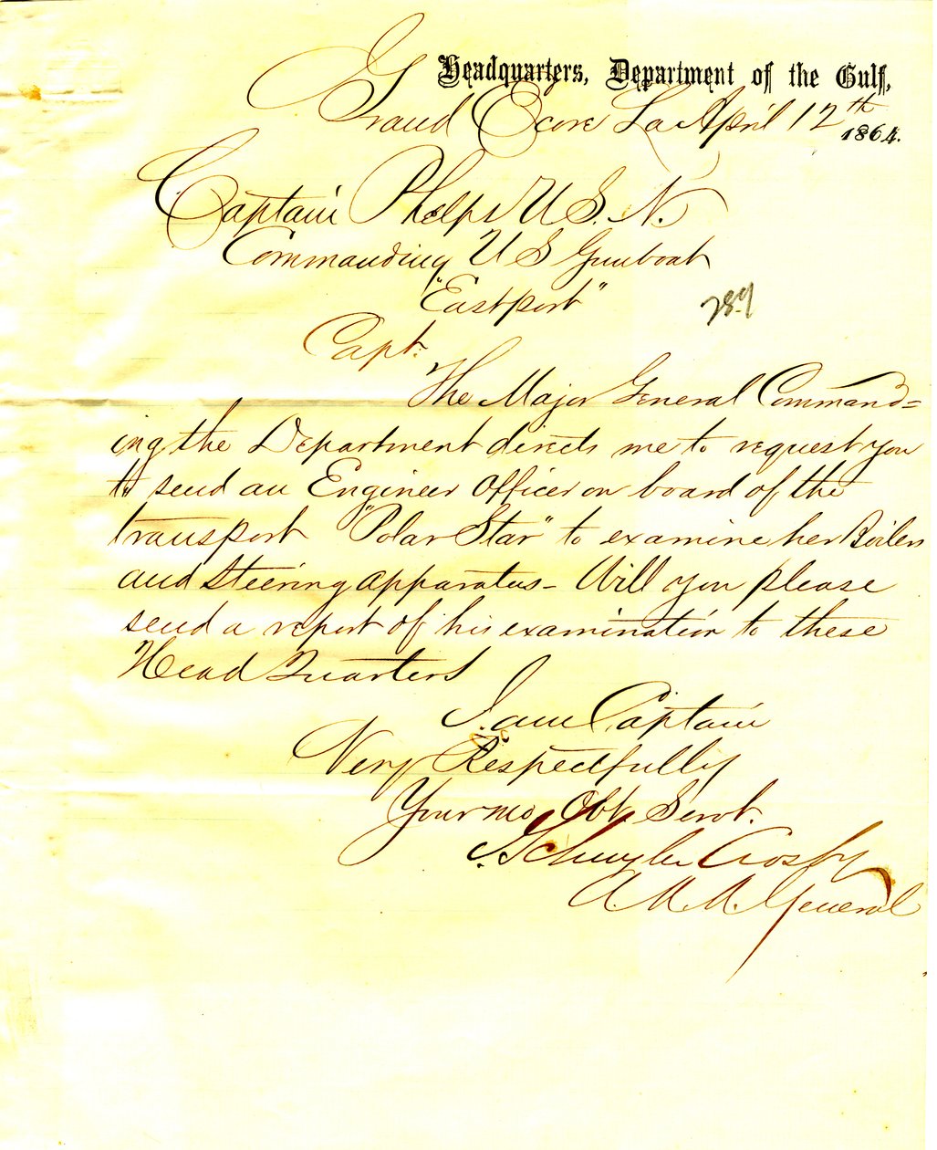 Carta de J. Schuyler Crosby, Grand Ecore, Louisiana, para Seth Ledyard Phelps, comandando U. S. S. Eastport, 12 de abril de 1864 de J. Schuyler Crosby