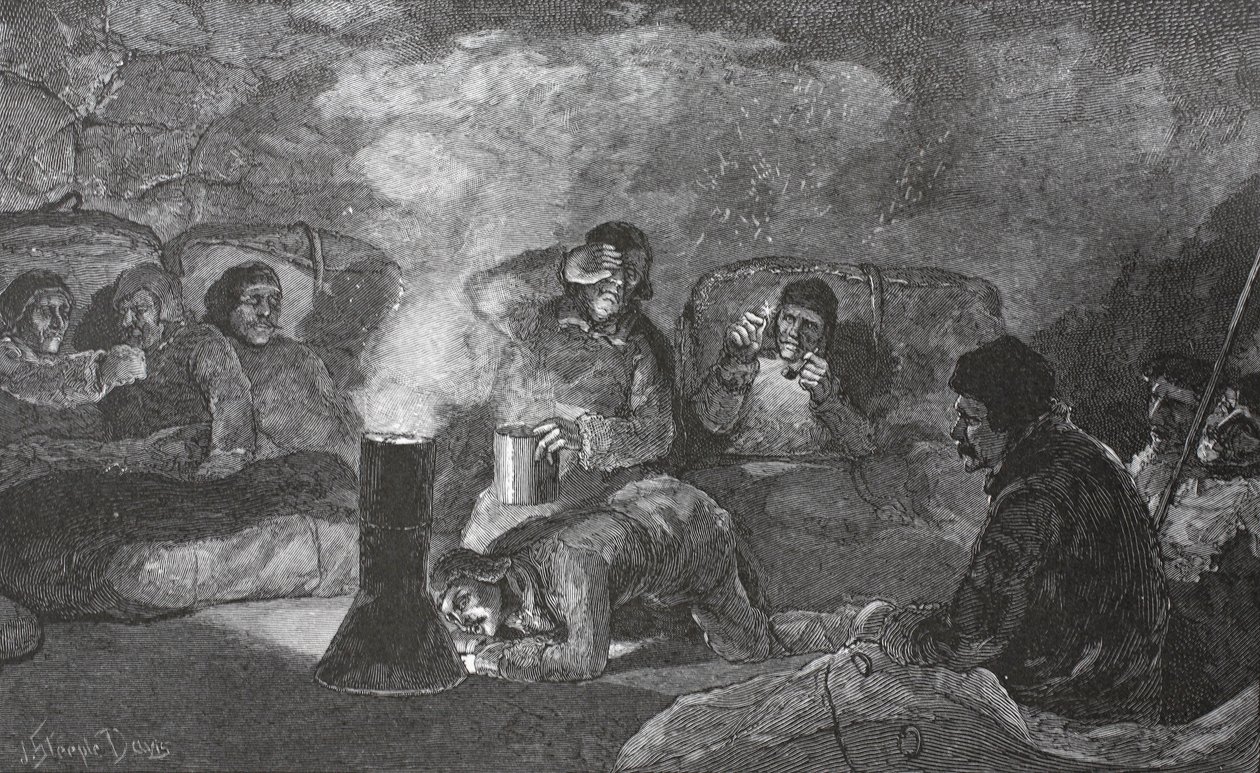 Interior de nossa cabana de inverno em Camp Clay, durante o cozimento, 1883 pub. Londres 1886 de J. Steeple Davis