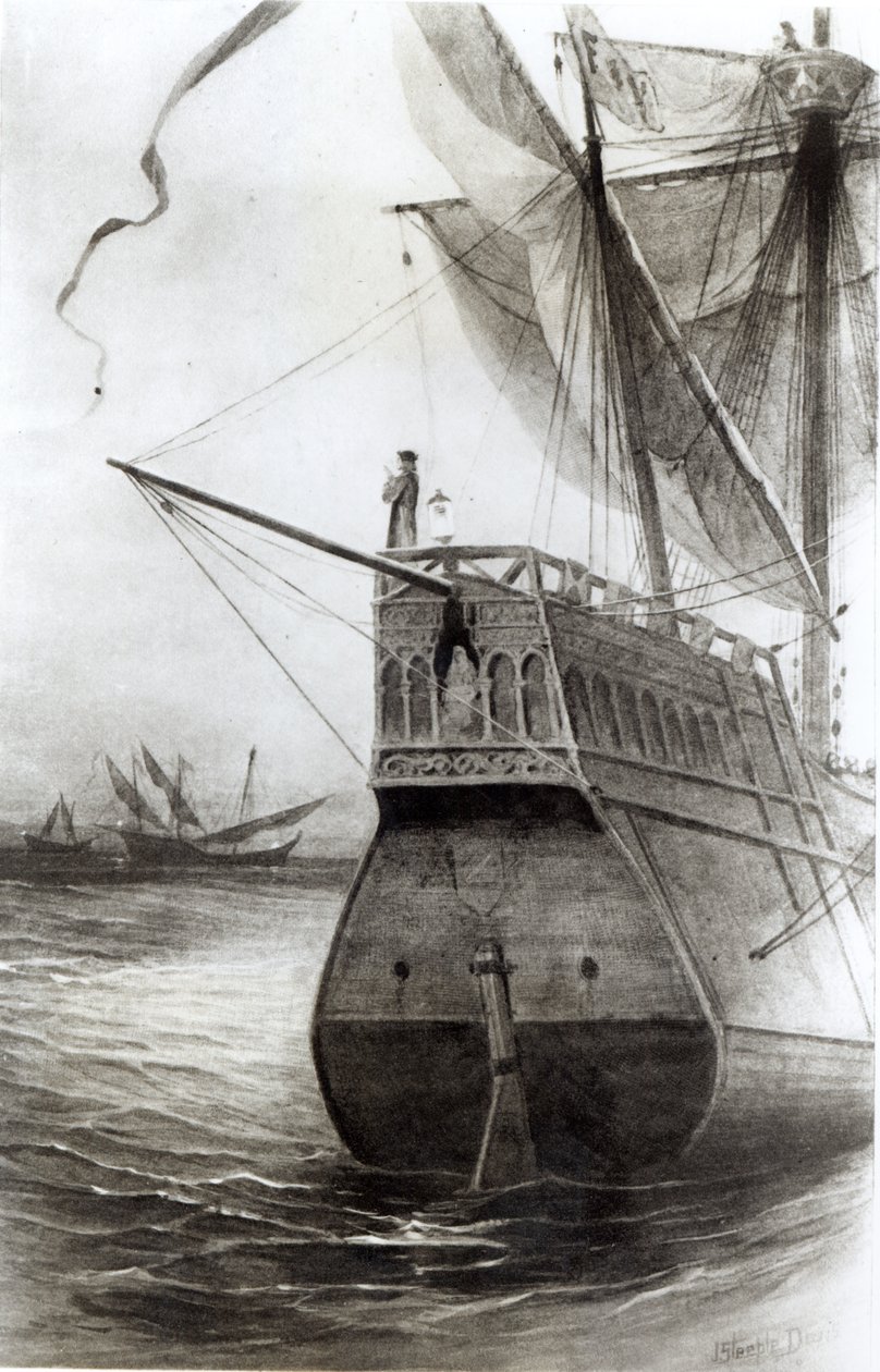 O momento supremo na noite de 11 de outubro de 1492, de "A história padrão dos jovens dos Estados Unidos", 1895 (gravura) (foto bundw) de J. Steeple Davis