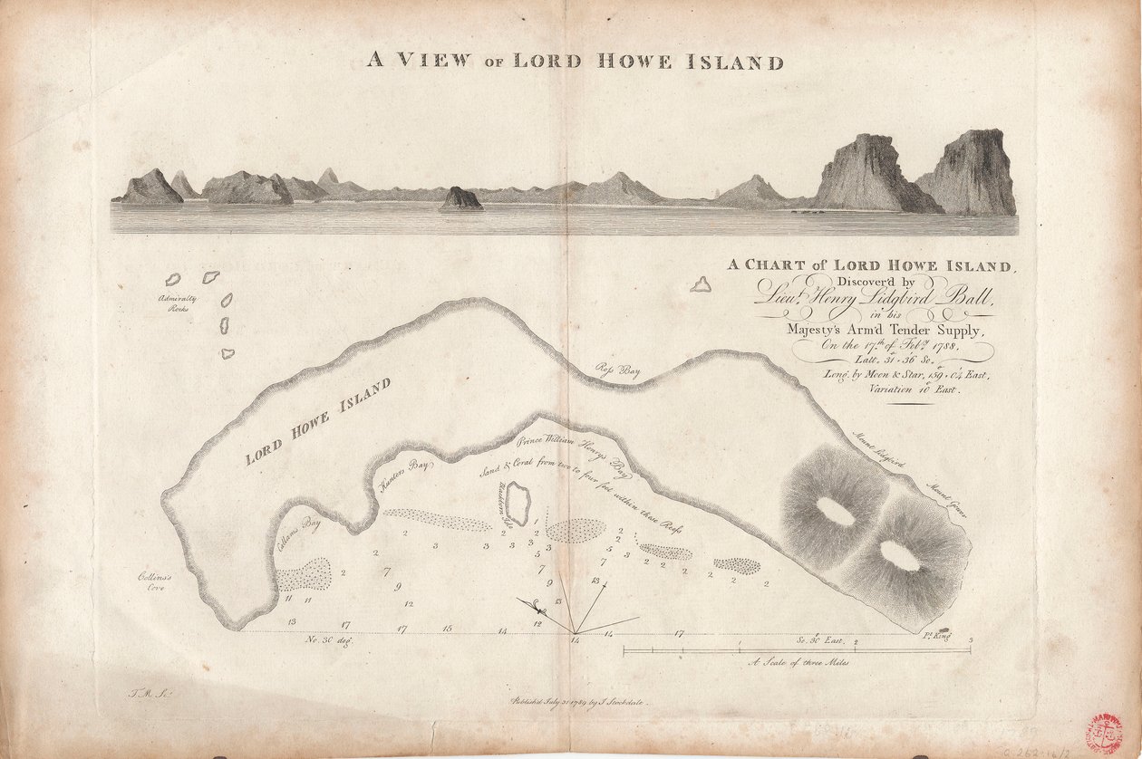 Uma carta da ilha Lord Howe de J. Stockdale