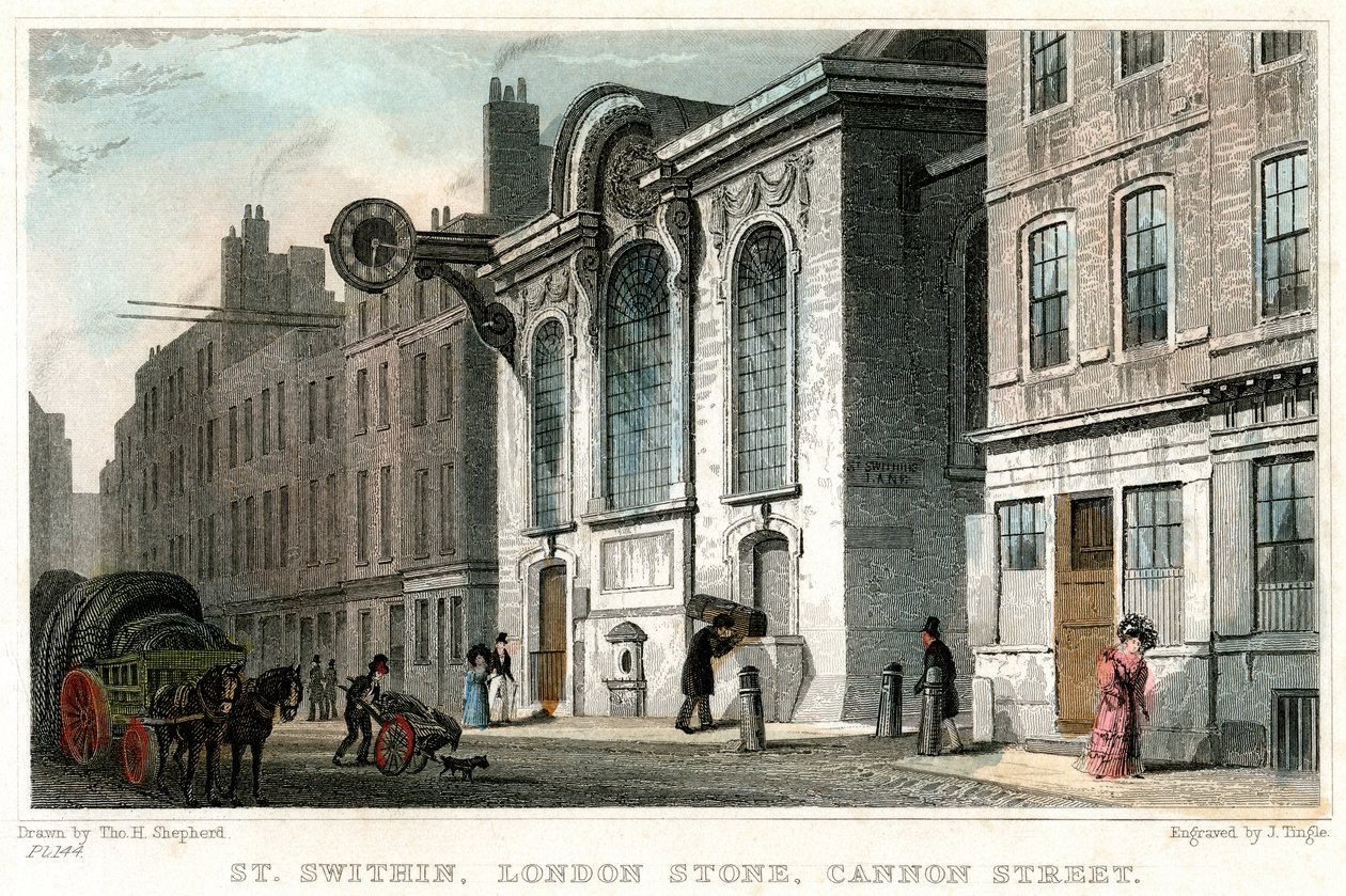 Igreja de St Swithin e a pedra de Londres, Cannon Street, cidade de Londres, c1830. de J. Tingle