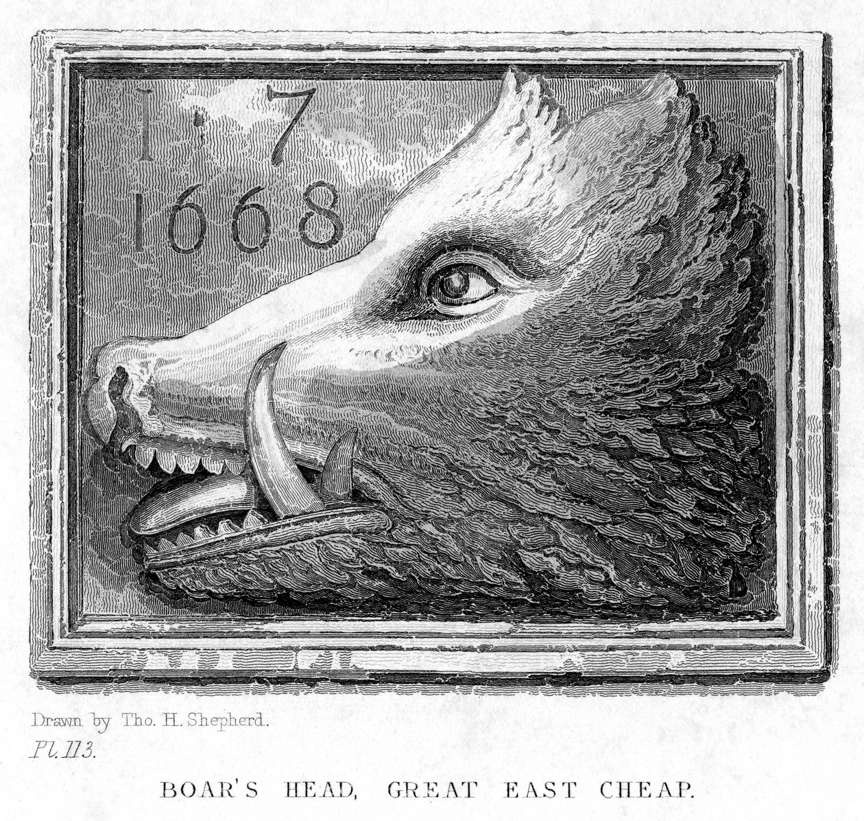 Sinal da estalagem Boars Head Tavern, Eastcheap, Londres, século XIX. de J. Tingle