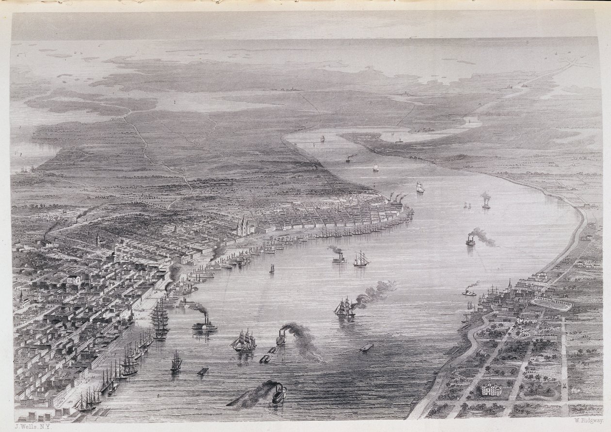Visão panorâmica de Nova Orleans, de "A História dos Estados Unidos", vol. II, de Charles Mackay, gravado por W. Ridgeway, c.1830 de J. Wells