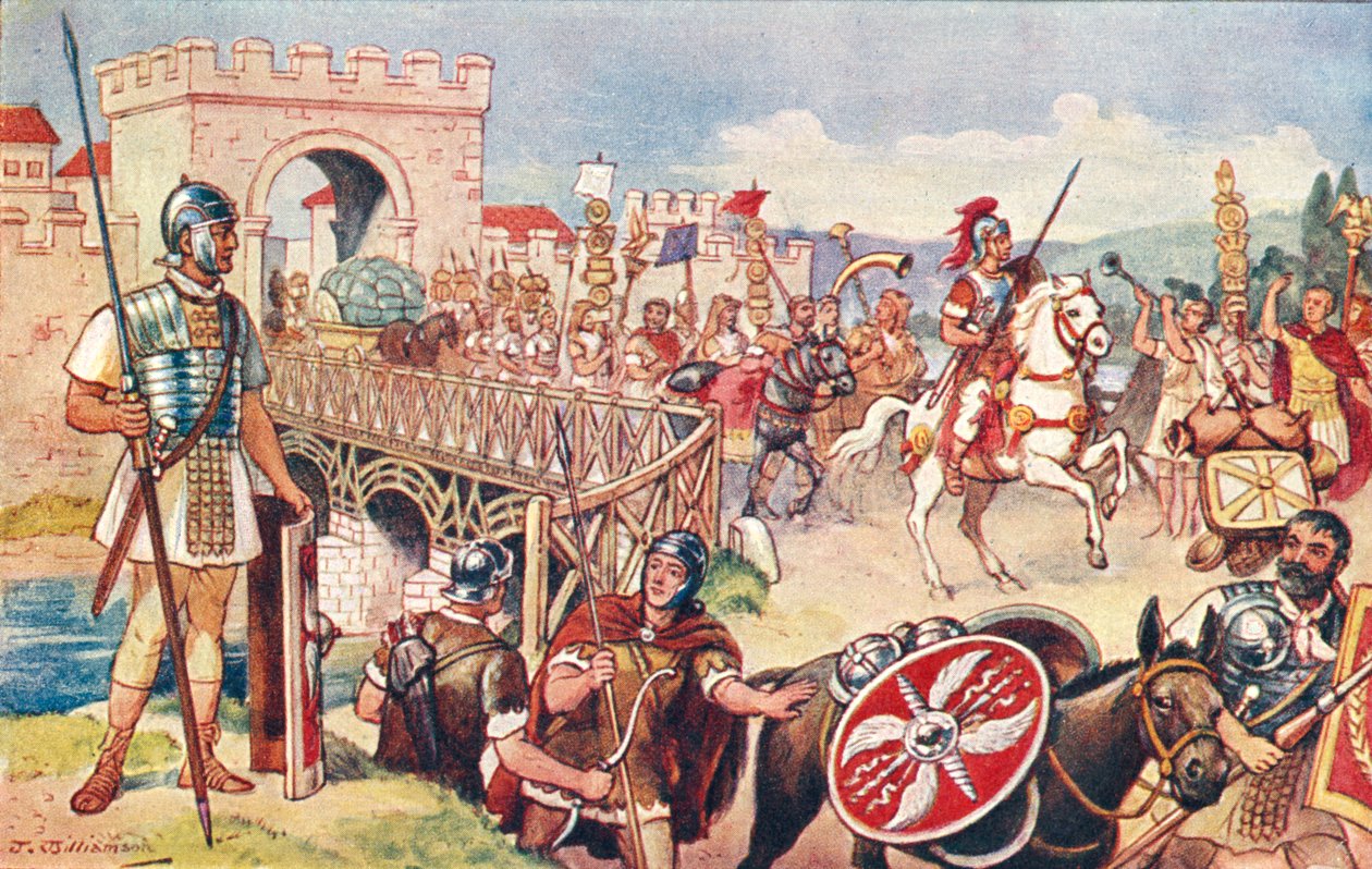 O Império Romano - uma coluna de soldados a avançar sobre uma ponte. de J. Williamson