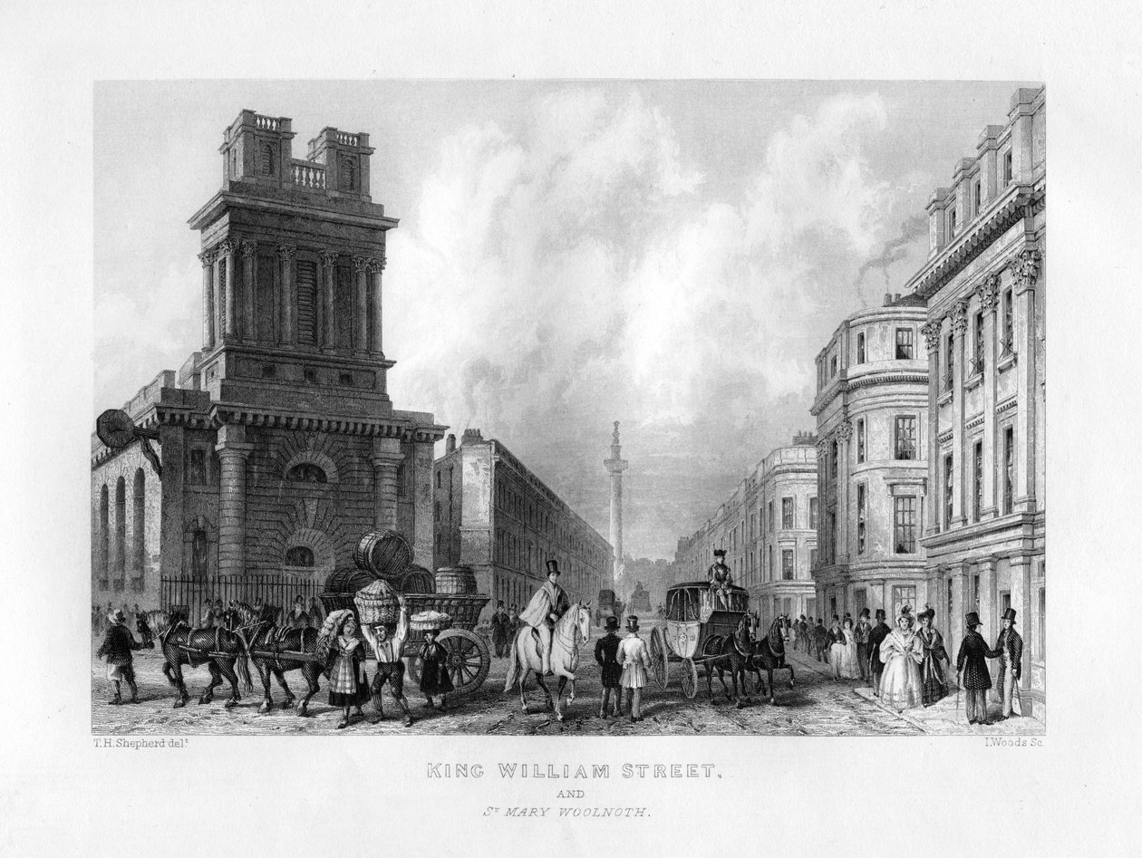 King William Street e St Mary Woolnoth, Londres, século XIX. de J. Woods