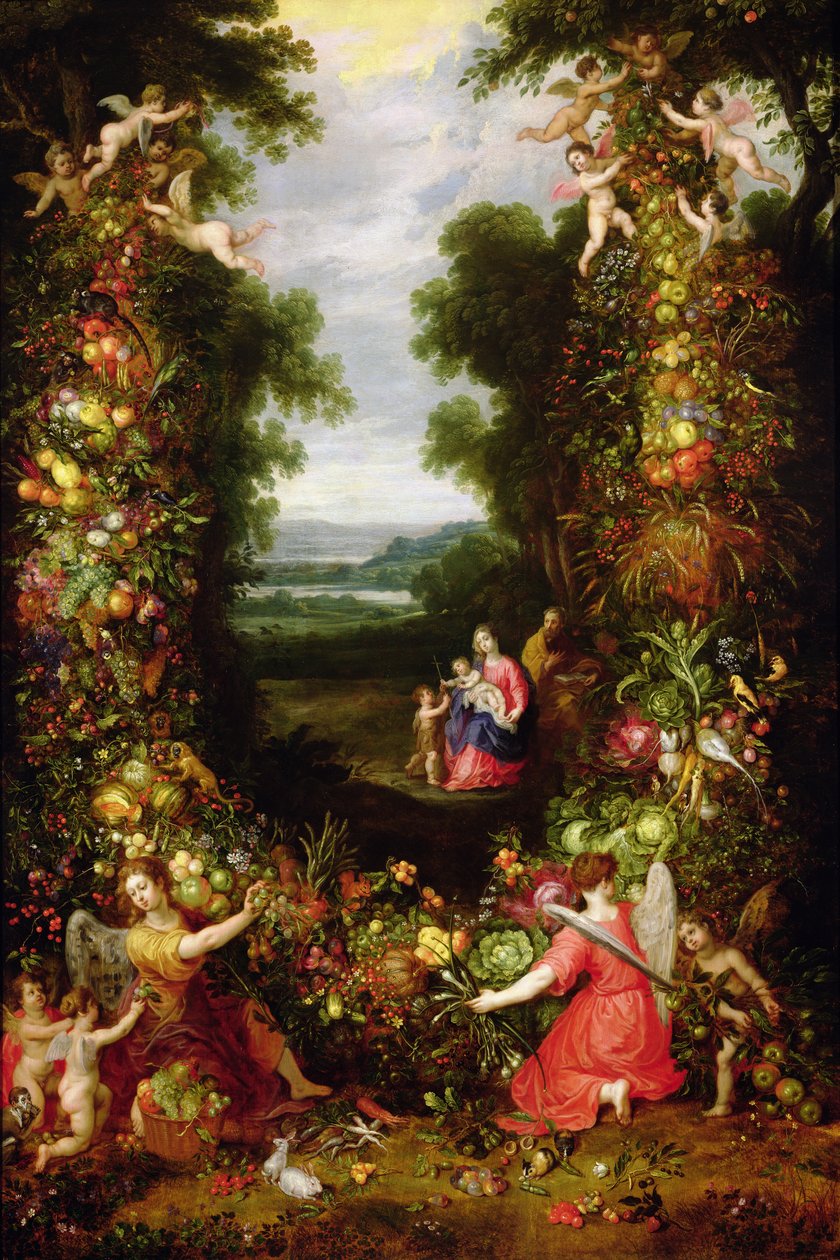 Sagrada Família em uma paisagem com uma guirlanda de frutas e legumes (painel) de J. and Avont, P. van Brueghel