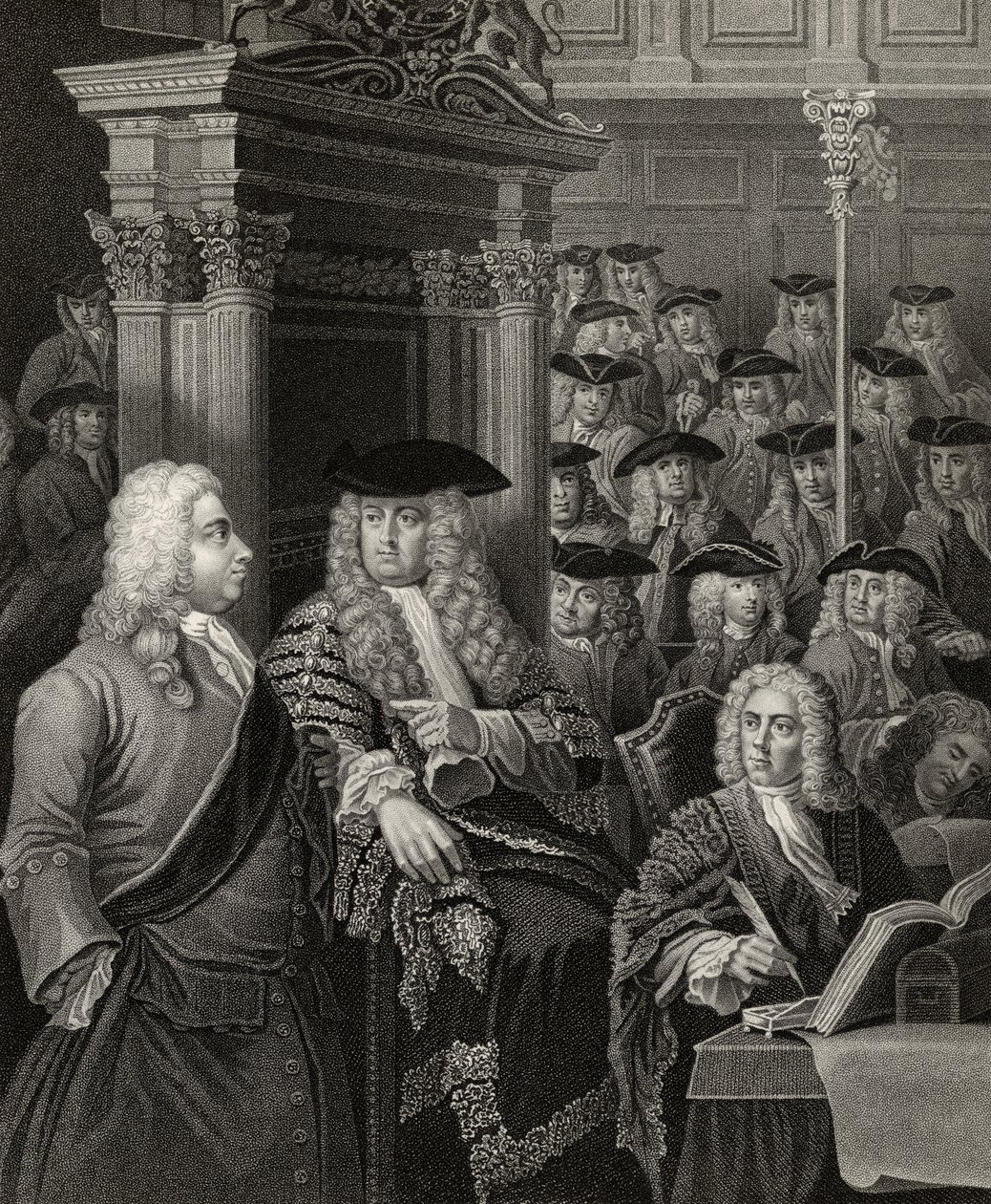 A Câmara dos Comuns na Administração de Sir Robert Walpole, gravada por R. Page, de "The Works of William Hogarth", publicada em 1833 (ver 132107) de J. and Hogarth, W. Thornhill