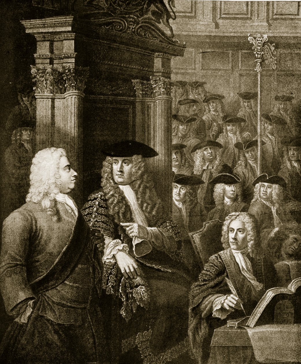 A Câmara dos Comuns na administração de Walpole, ilustração da "Hutchinson&39;s Story of the British Nation", c.1923 de J. and Hogarth, W. Thornhill