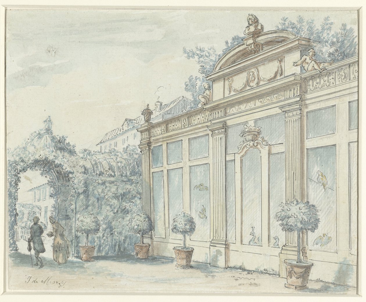 Vista num jardim francês com cavalheiro e senhora de J. de Marsy