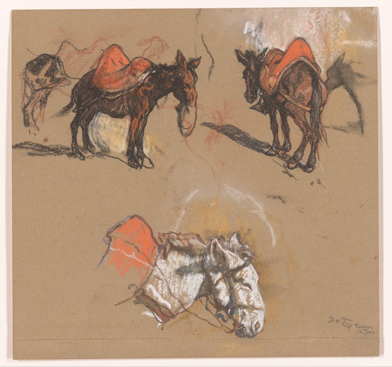 Estudos de burros e uma mula no Grote Markt em Tânger de Jac van Looij (signed by artist)