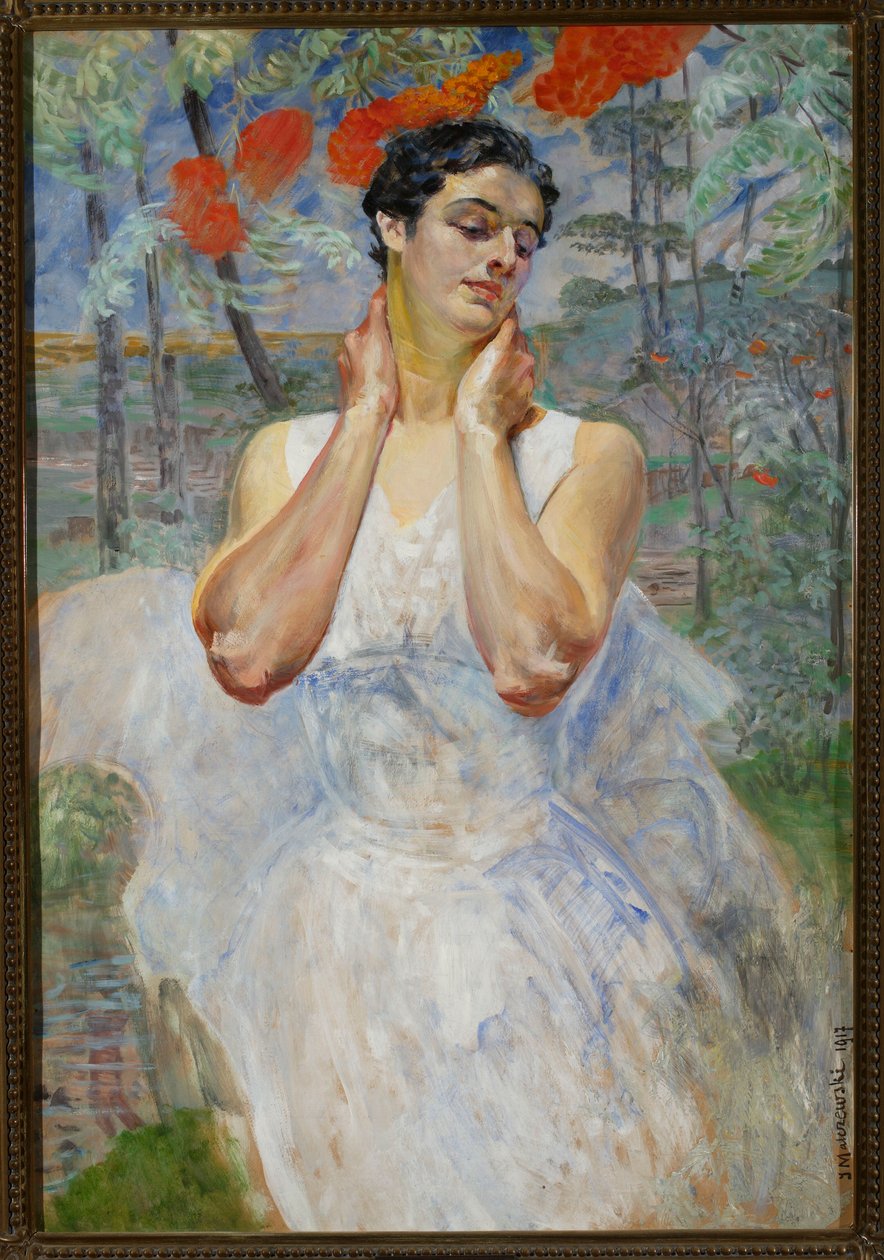 Retrato de uma mulher sobre fundo de sorveira de Jacek Malczewski
