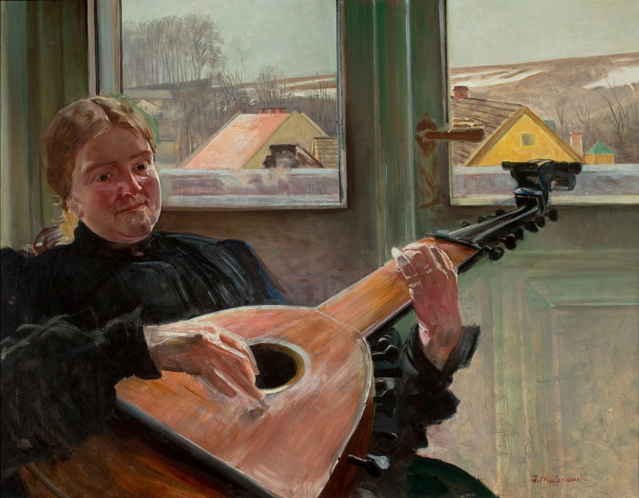 Retrato da irmã do artista, Helena, com uma alaúde de Jacek Malczewski