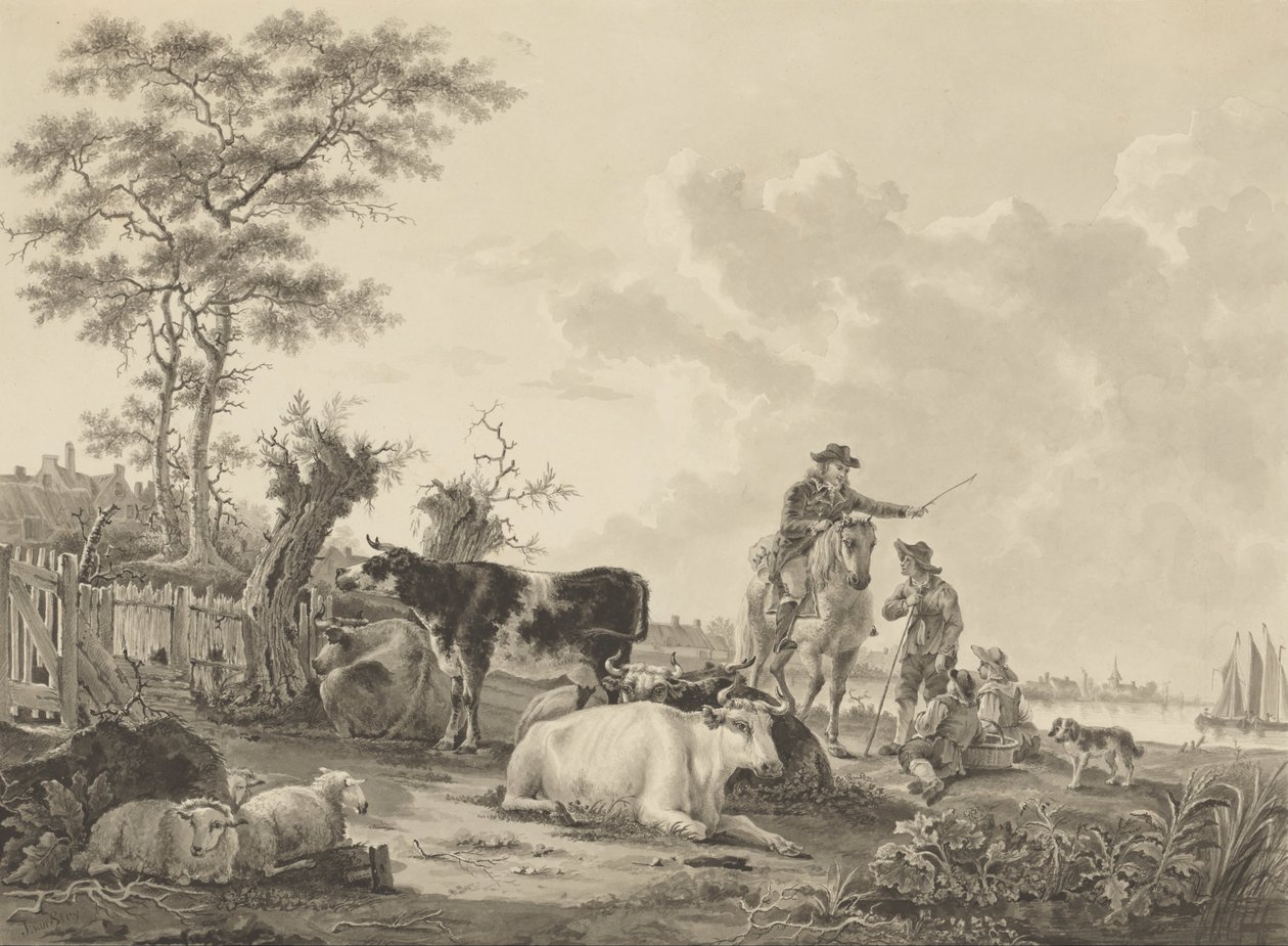 Paisagem com gado, ovelhas e pastores de Jacob van Strij