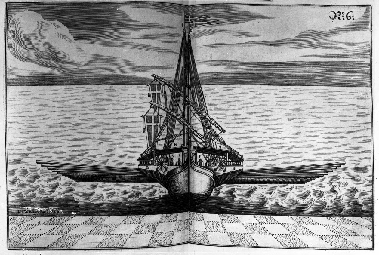 Vista frontal de um navio de guerra com dois mastros, ilustração de &39;Architectura marcialis&39; por Joseph Furrtenbach, publicado em 1629 de Jacob Custodis