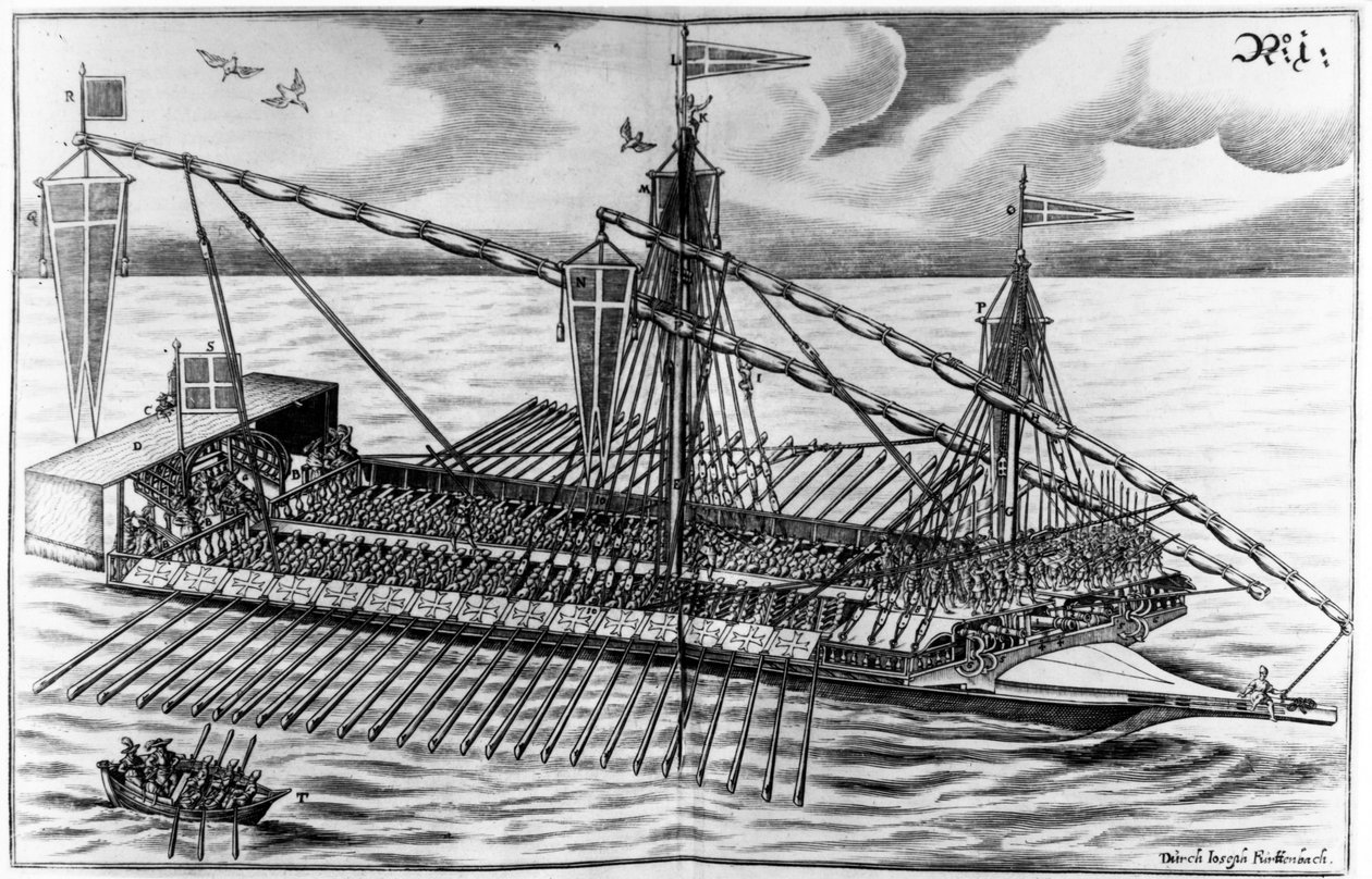 Navio de guerra, ilustração de &39;Architectura Martialis&39; por Joseph Furrtenbach, publicado em 1629 de Jacob Custodis