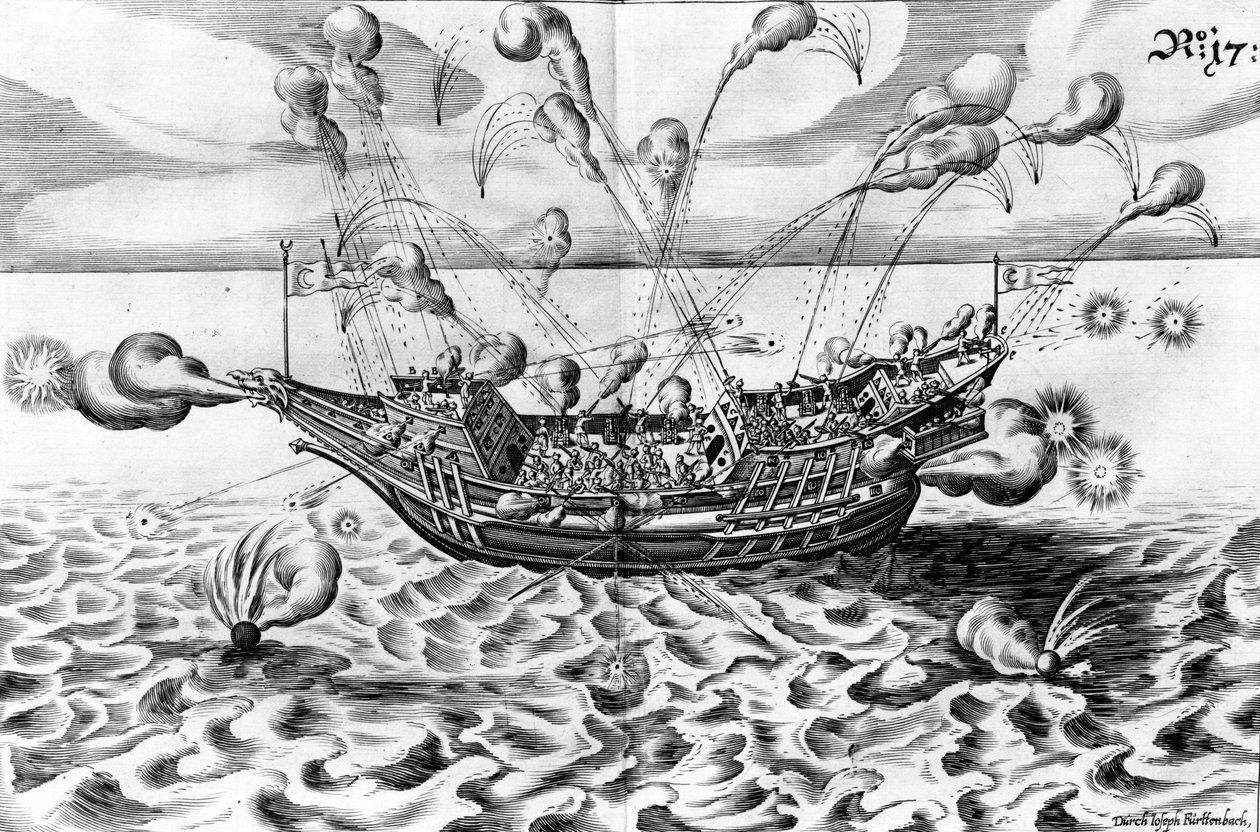 Navio de guerra, ilustração de &39;Architectura Martialis&39;, publicado em 1629 de Jacob Custodis