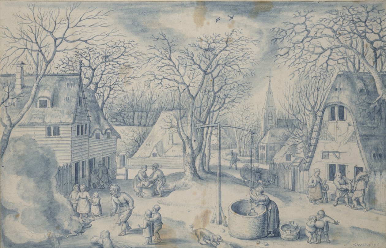 Uma cena de aldeia: inverno, século XVI (pincel e aquarela azul) de Jacob I Savery