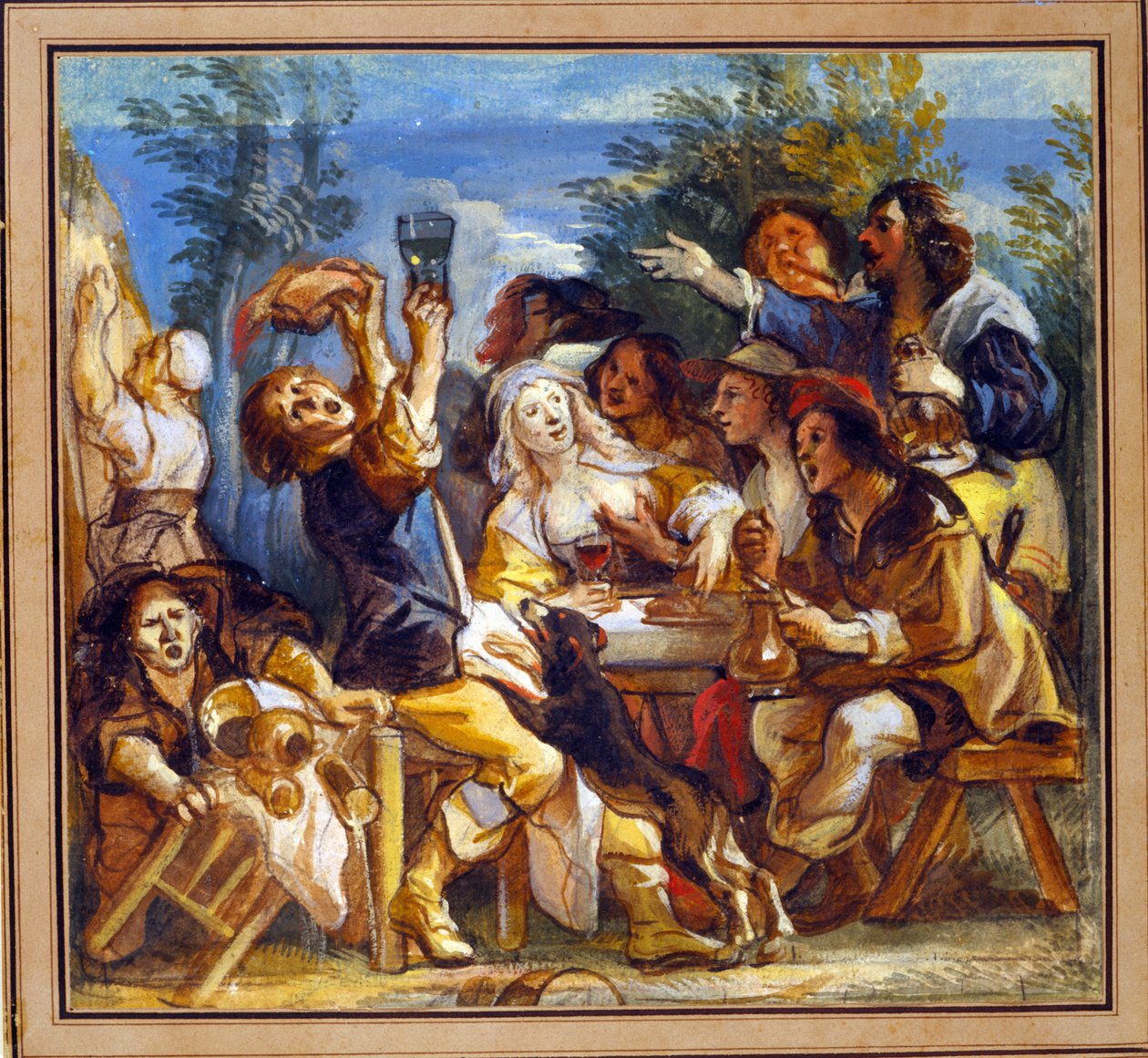 Uma festa bebendo fora de uma pousada (wc aumentado com branco sobre papel) de Jacob Jordaens