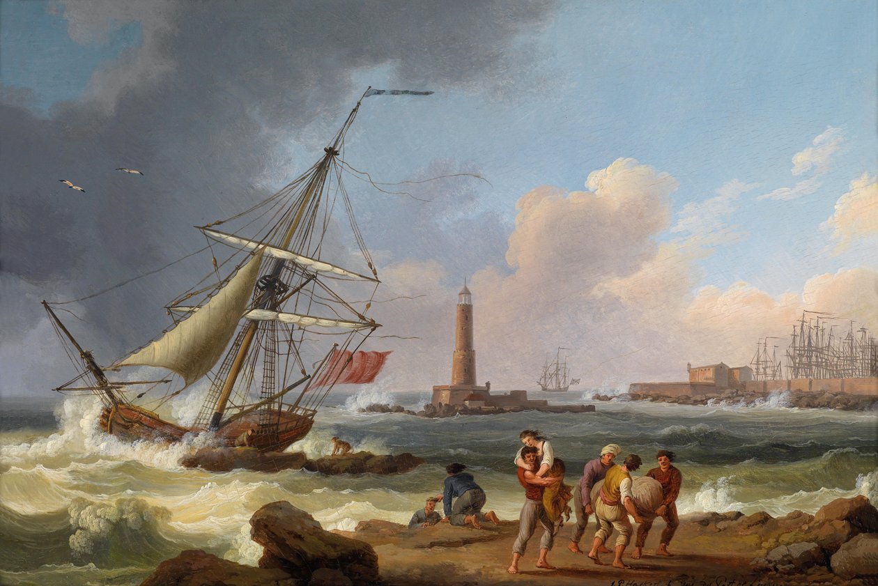 O porto de Livorno com o resgate de náufragos de Jacob Philippe Hackert