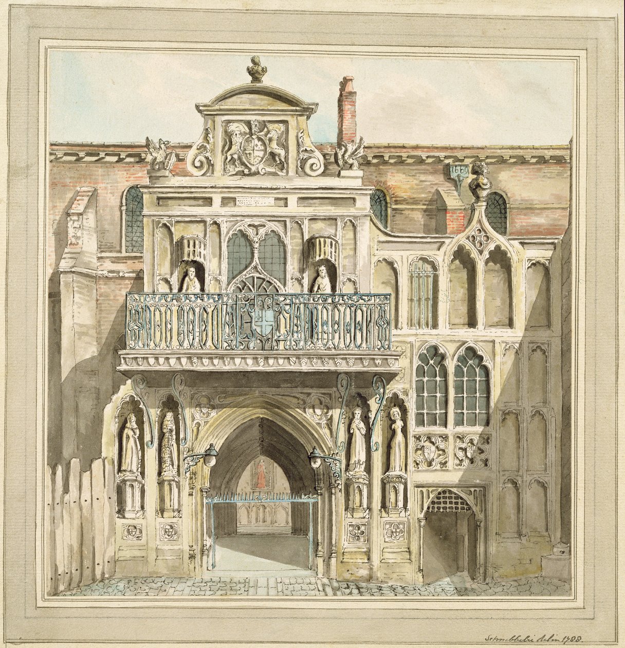A antiga fachada do Guildhall, cidade de Londres, 1788 (ink und wc) de Jacob Schnebbelie