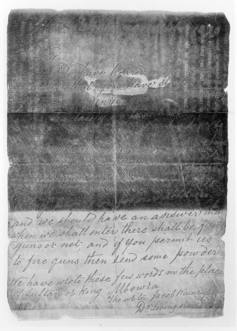 Carta escrita para Cameron em outubro de 1873 relatando a morte de David Livingstone (1813-73) do volume 1 de Across Africa por Verney Lovett Cameron, publicado em 1877 (foto bw) de Jacob Wainwright