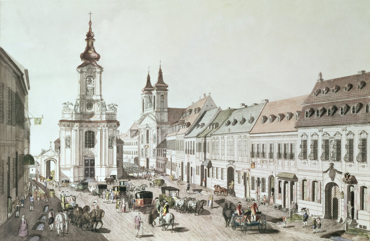 A igreja paroquial e o cemitério de Fauxbourg, gravados pelo artista de Jacob Ziegler