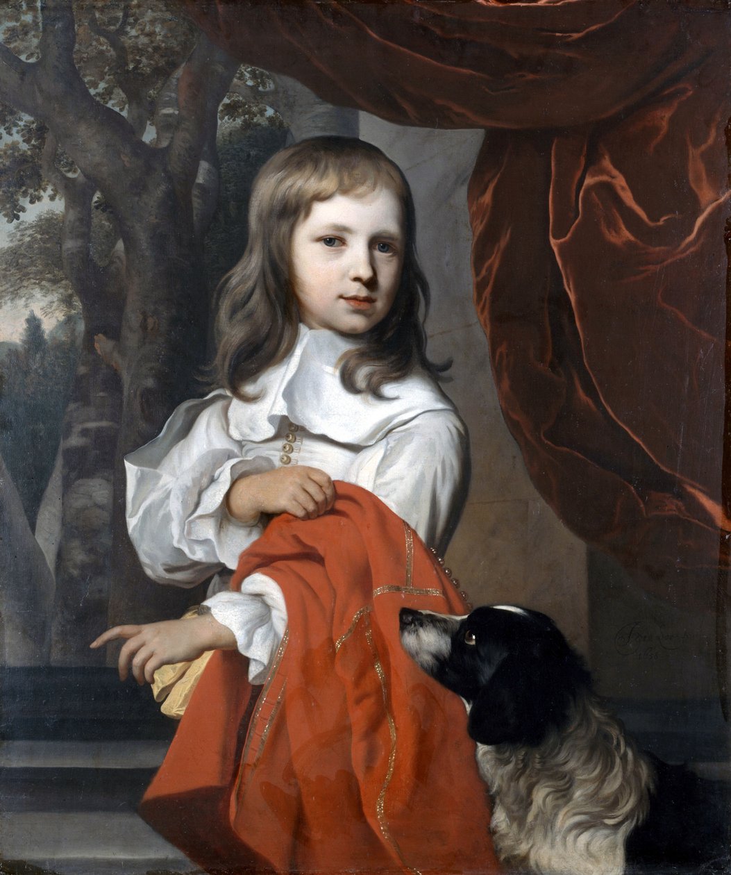 Retrato de um jovem rapaz com um cão, 1658 de Jacob or Jacques van Loo