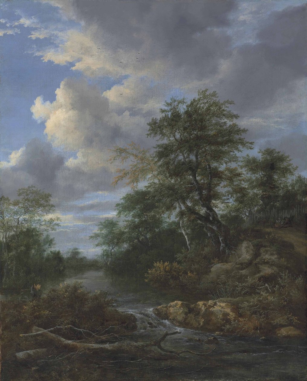 Uma paisagem de rio arborizada com uma família em repouso em uma pista de Jacob van Ruisdael
