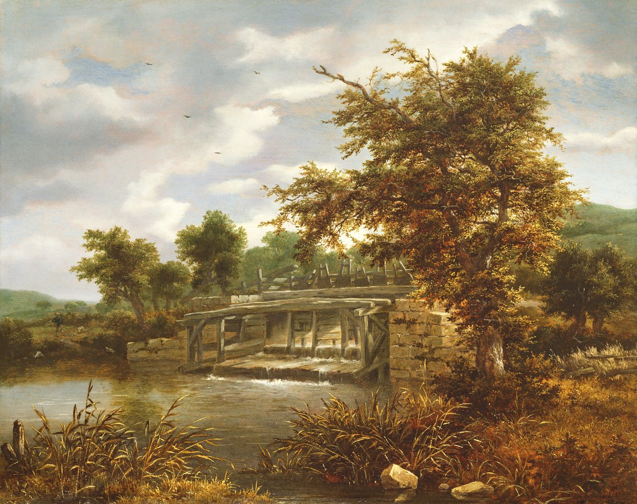 Uma paisagem de rio arborizada com um portão de eclusa de Jacob van Ruisdael