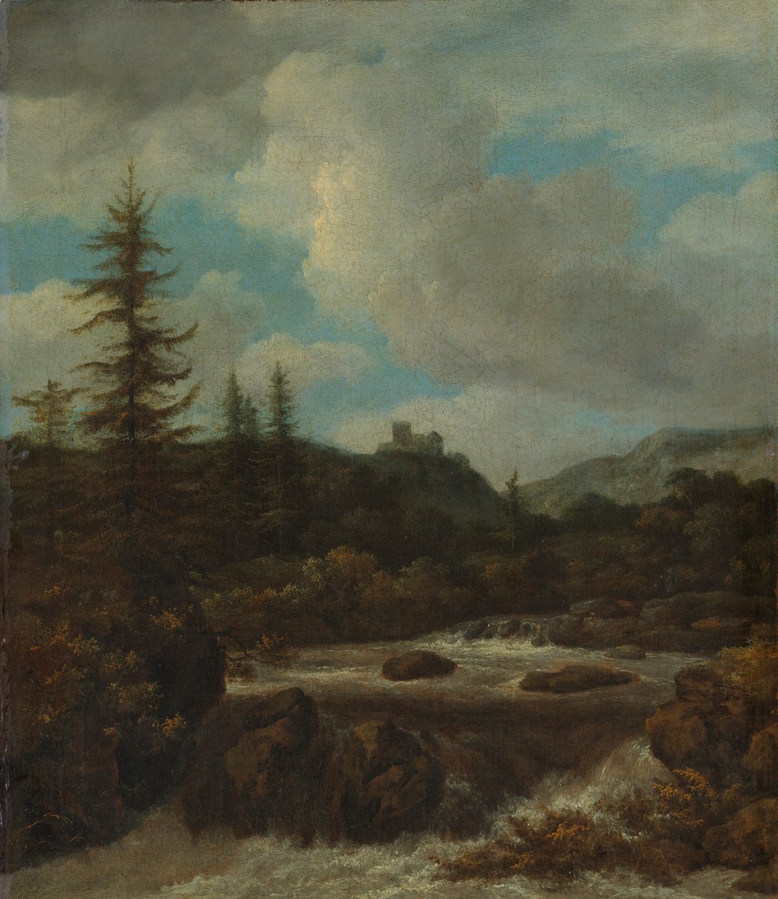 Paisagem com uma cachoeira perto de um castelo de Jacob van Ruisdael