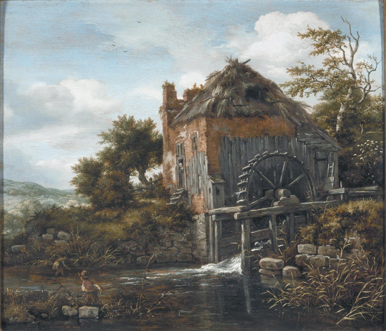 Paisagem com um moinho de água e homens cortando Reed de Jacob van Ruisdael