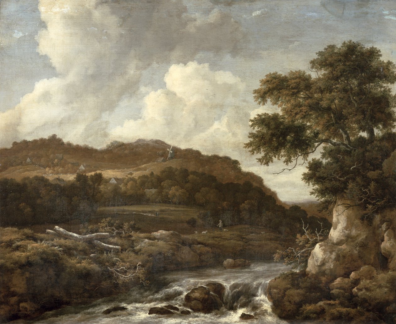 Paisagem arborizada montanhosa com uma torrente de Jacob van Ruisdael