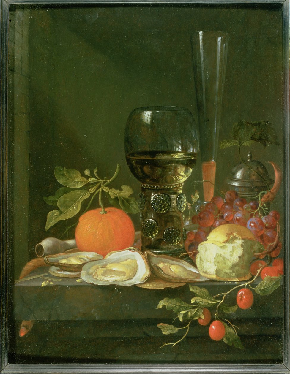 Ainda vida de ostras, uvas, pão e copos em uma borda de Jacob van Walscapelle