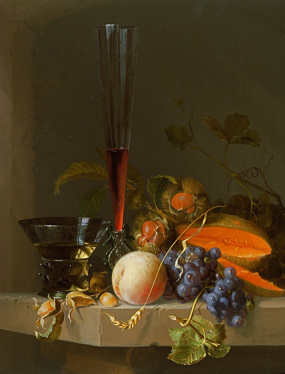 Ainda vida de fruta em uma borda com um roemer e um copo de vinho de Jacob van Walscapelle