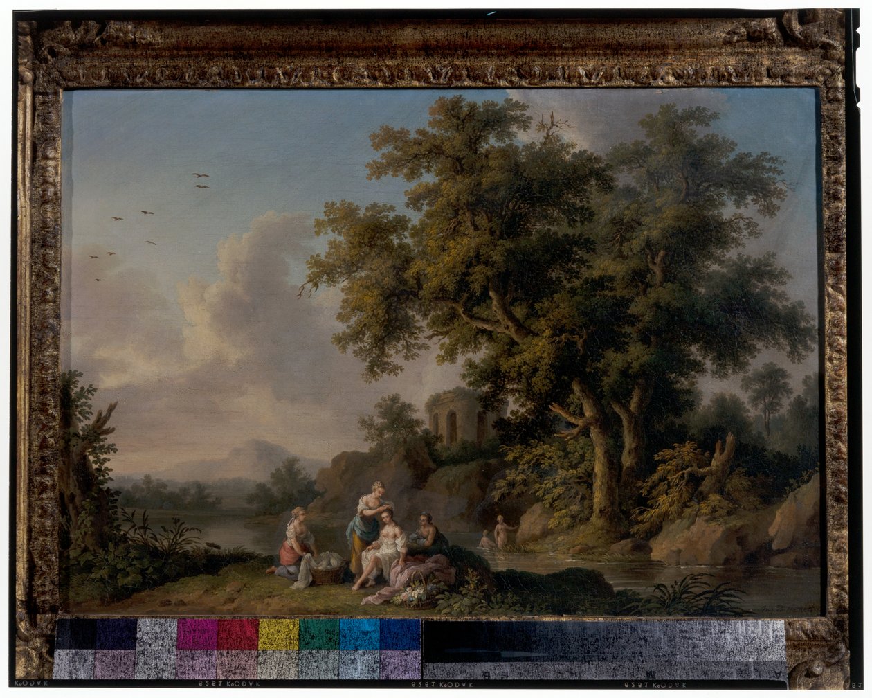 Um par de paisagens com ninfas a banharem-se de Jacob Philippe Hackert