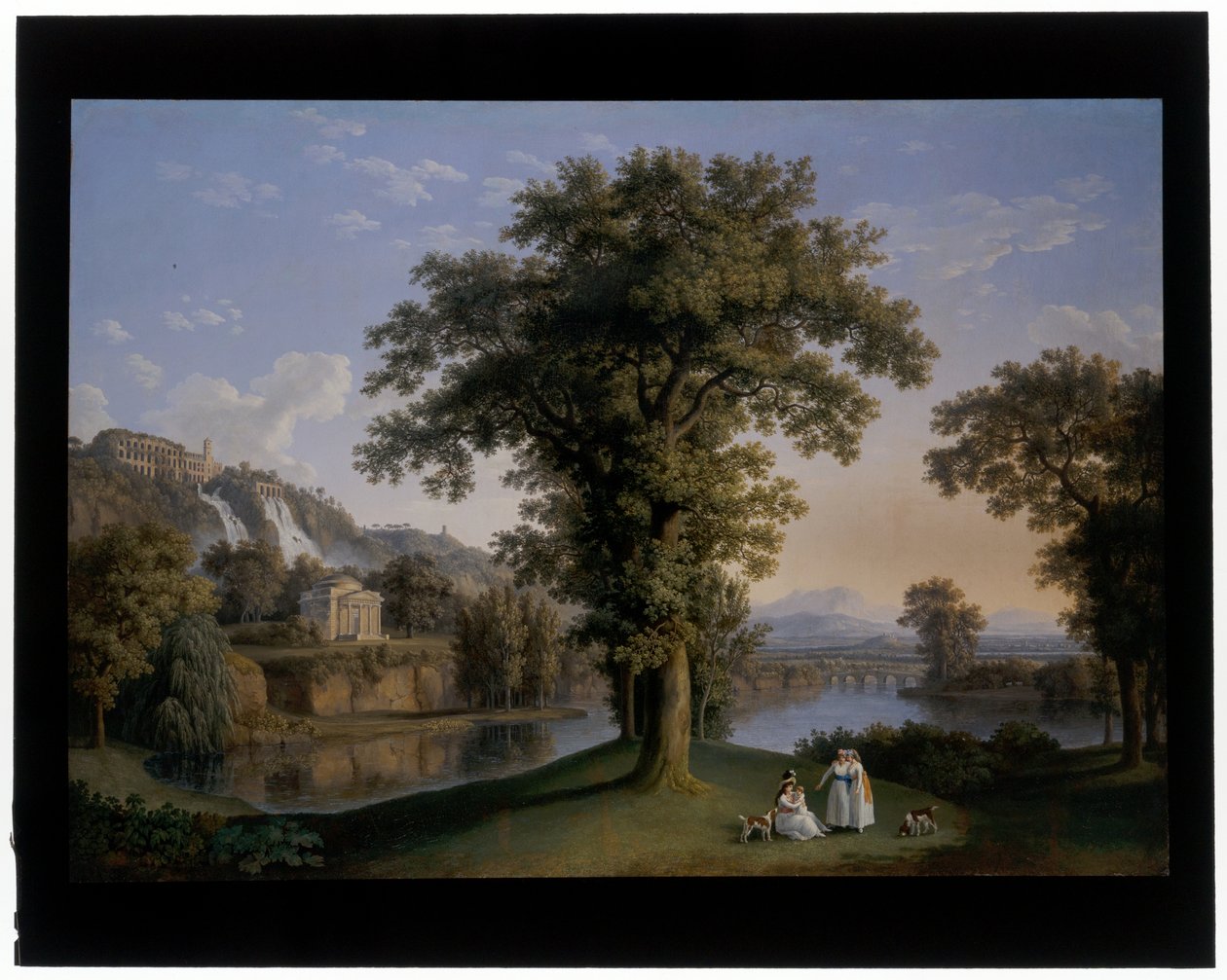 Paisagem ideal com a pequena cascata e a Villa Maecenas em Tivoli de Jacob Philippe Hackert