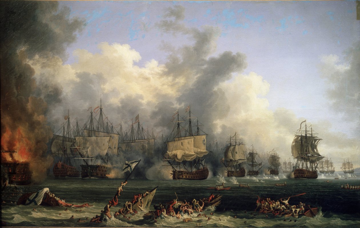 "" O naufrágio de navios turcos durante a Batalha de Tchesme em 05/07/1770"" (A Batalha naval de Chesma em 5 de julho de 1770) Opôs as frotas da Rússia de Catarina II e do Império Otomano a Quios na Grécia (Revolução de Orloff ou Expedição do f de Jacob Philippe Hackert