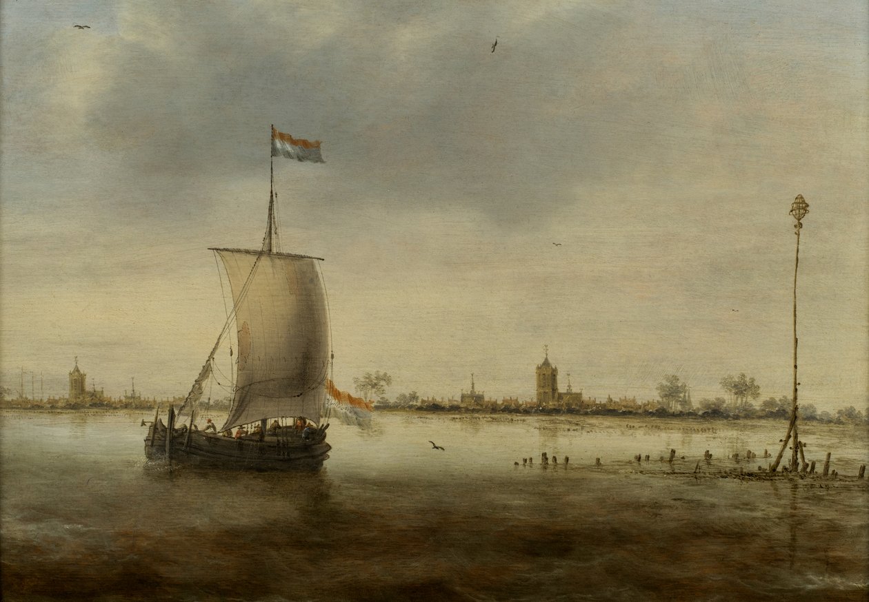 Um veleiro ao longo da costa de uma cidade holandesa que se pensava ser Schoonhoven de Jacob Adriaensz. Bellevois