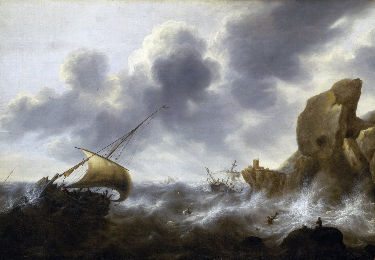Um barco de pesca apanhado numa tempestade perto de uma costa rochosa, com um navio naufragado. Óleo sobre tela de Jacob Adriaensz Bellevois (1621-1675). de Jacob Adriaensz. Bellevois
